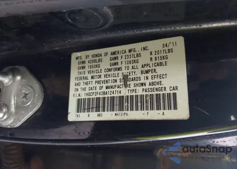 2011 Honda Accord 2.4 Lx-P z USA, uszkodzony, nr VIN 1HGCP2F43BA124714